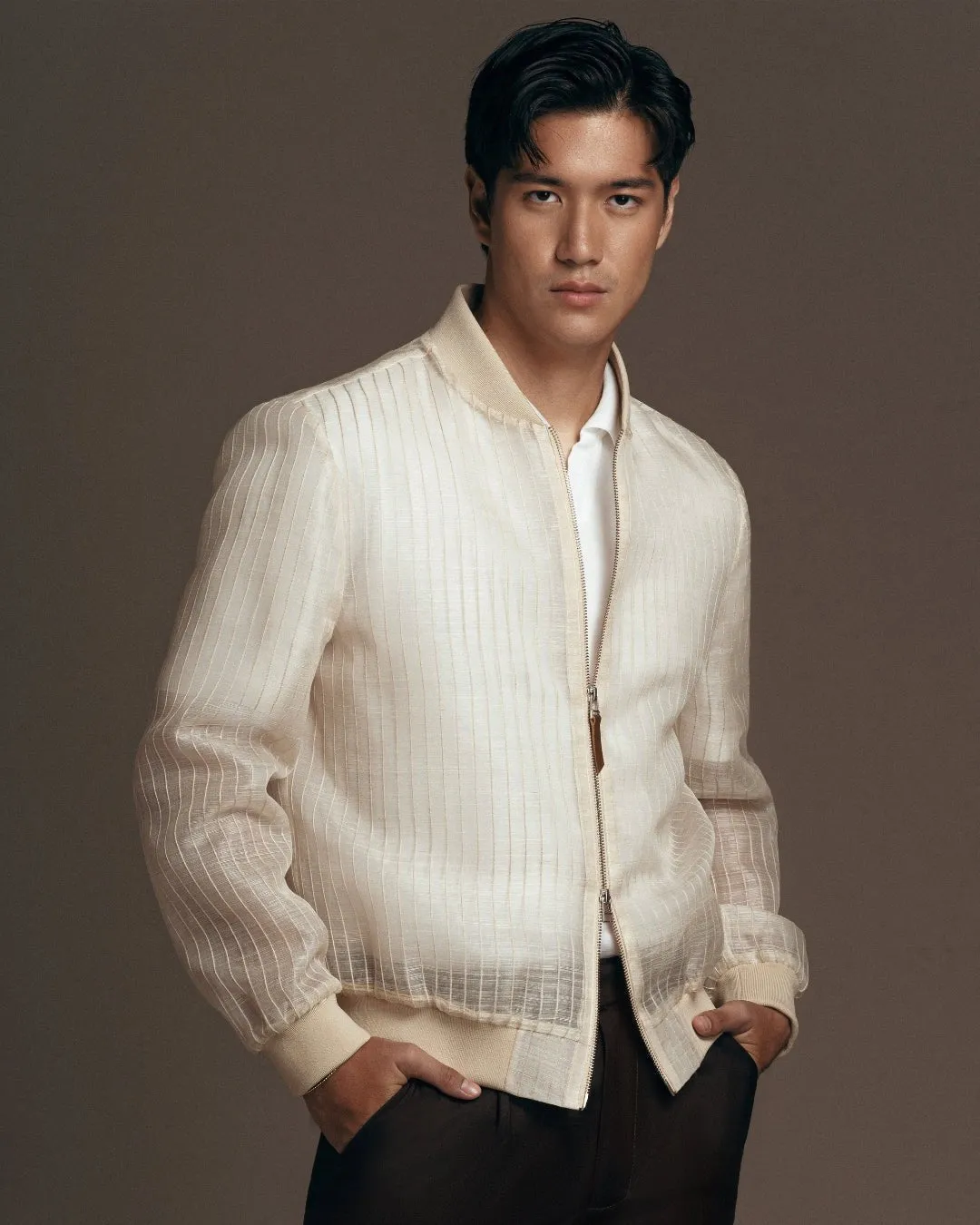 Catalino Barong Jacket in Piña Seda Stripes, natural