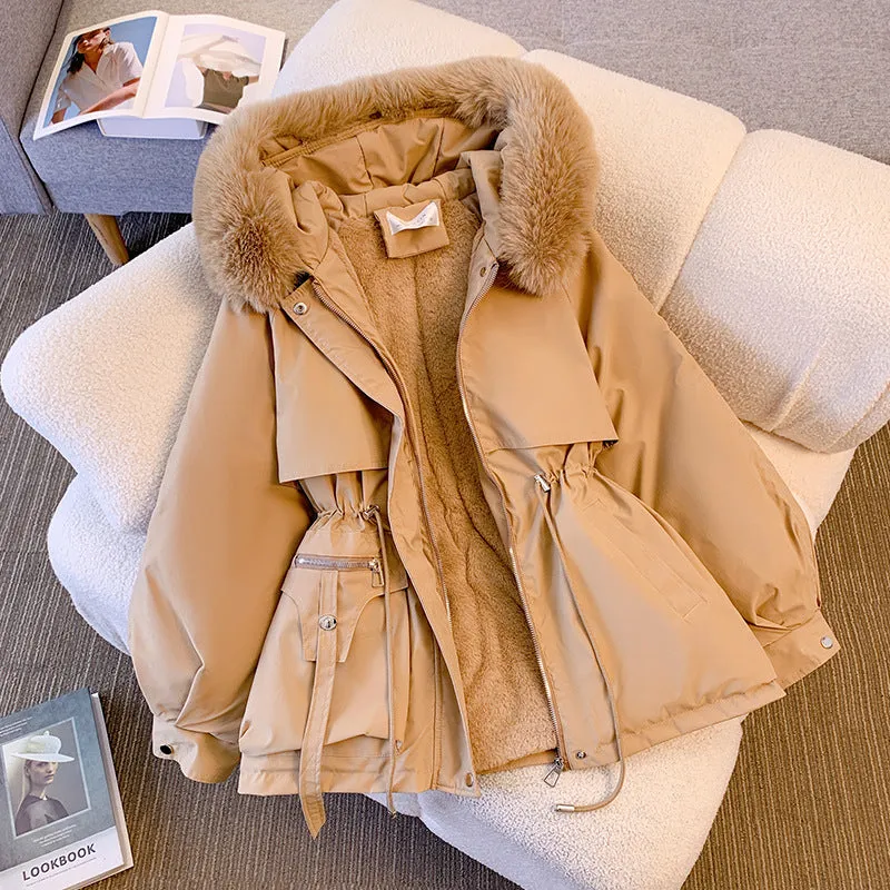 cotton jacket with fashionable and thick fur and fur integrated jacket
