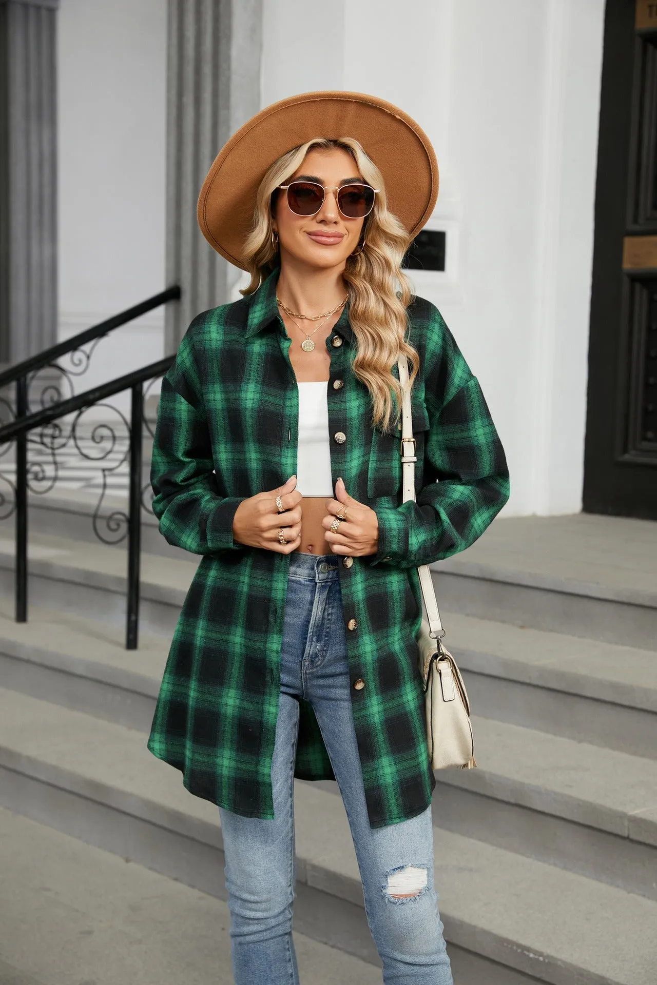 Green Checkered Casual Button-Down Shirt