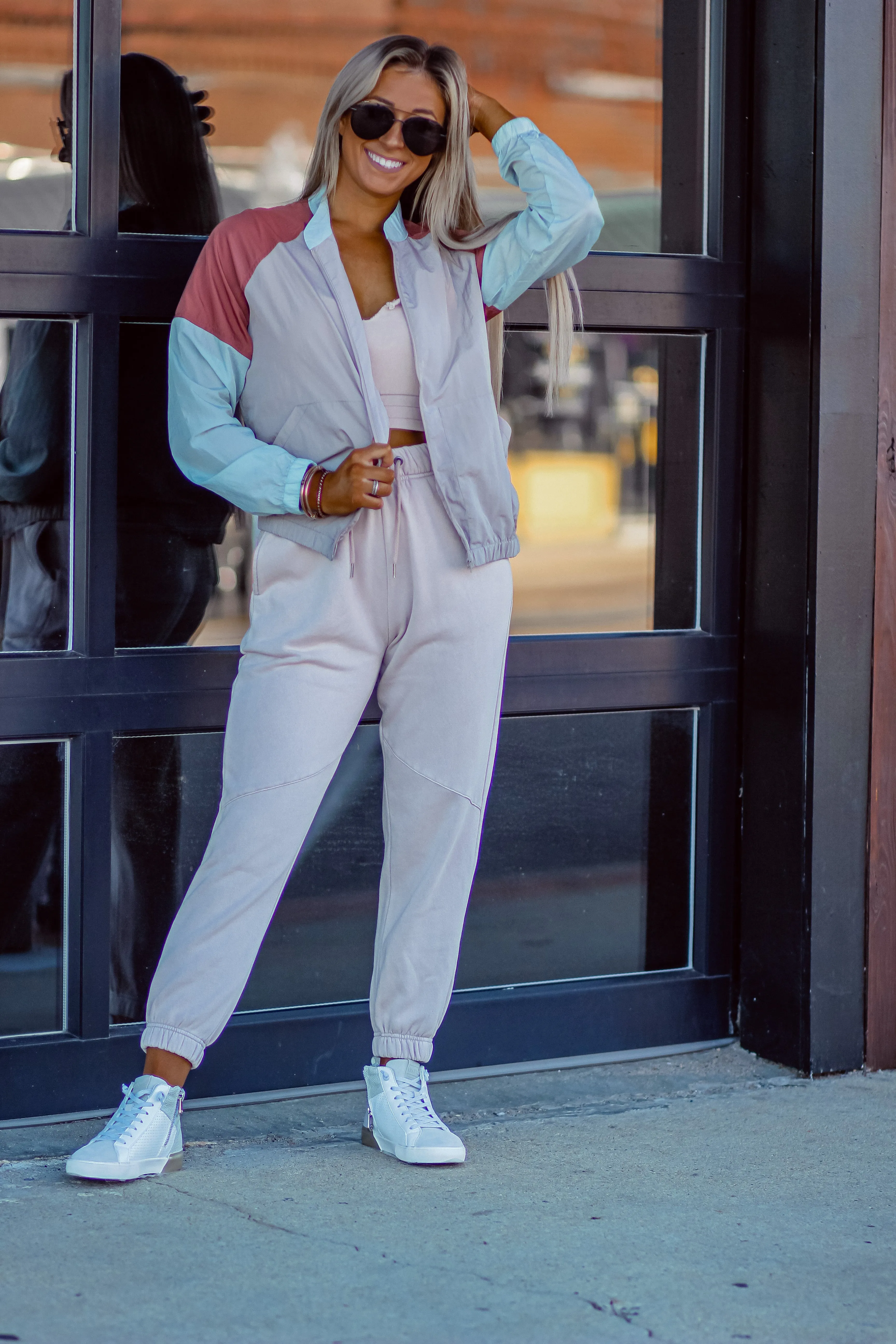Grey & Blue Colorblock Windbreaker Jacket