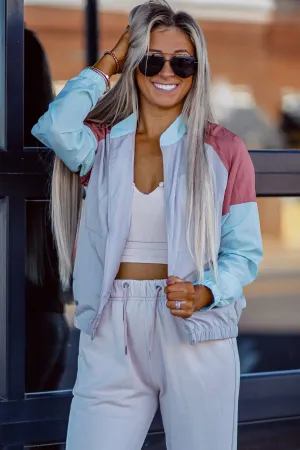 Grey & Blue Colorblock Windbreaker Jacket