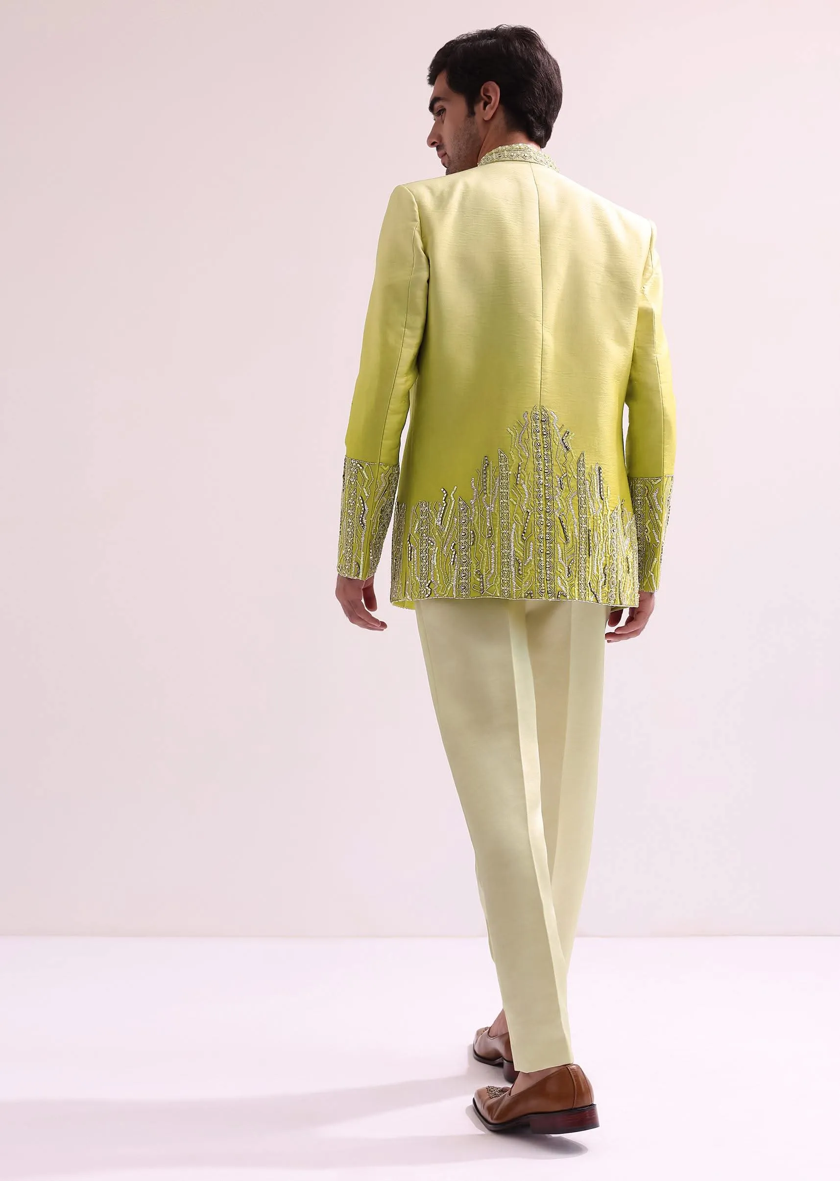 Lime Hand Embellished Open Jacket With Waistcoat And Pants