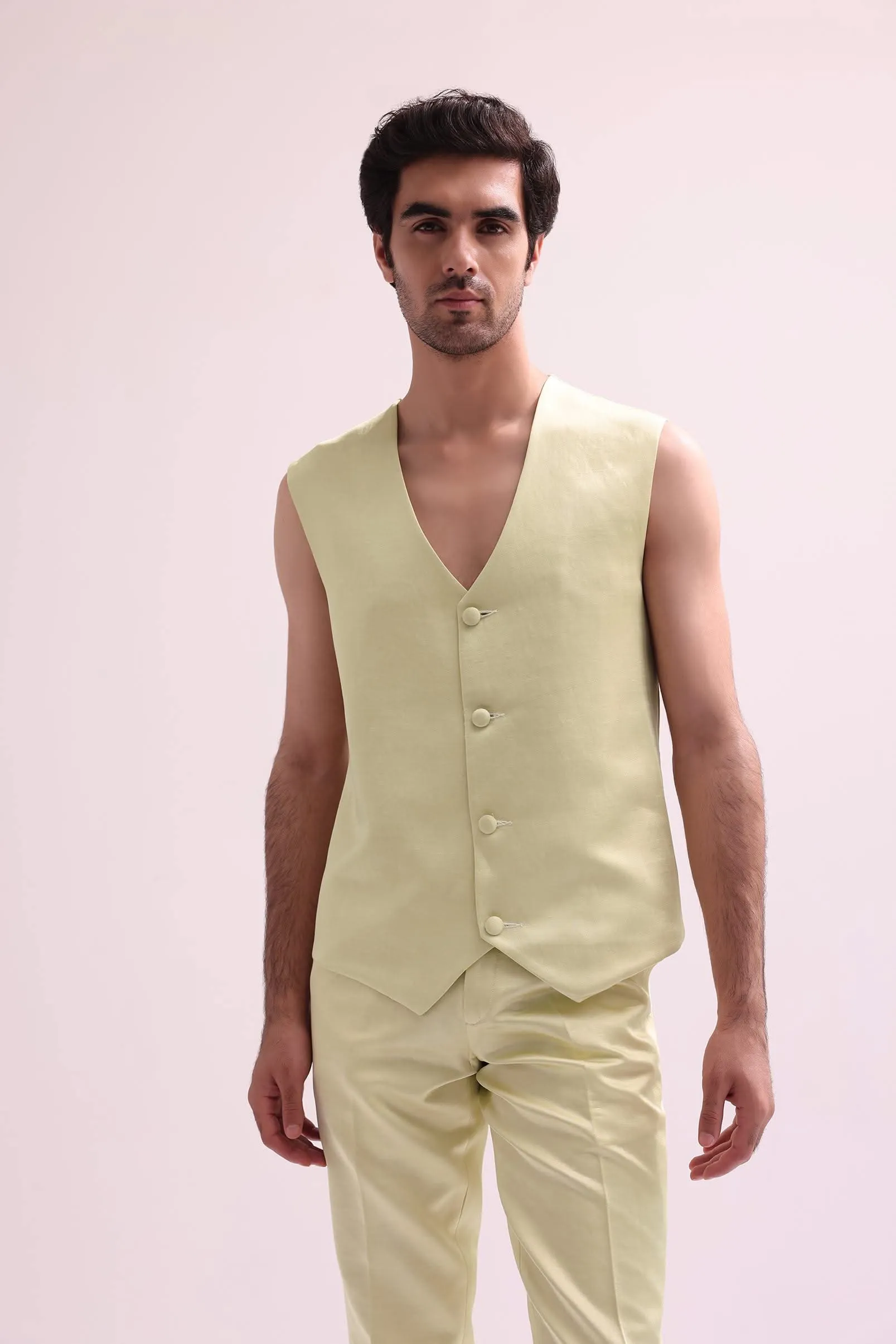 Lime Hand Embellished Open Jacket With Waistcoat And Pants