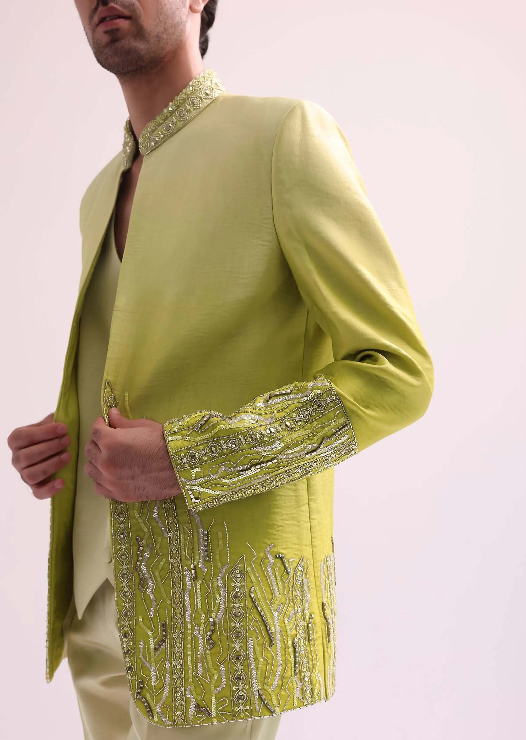 Lime Hand Embellished Open Jacket With Waistcoat And Pants