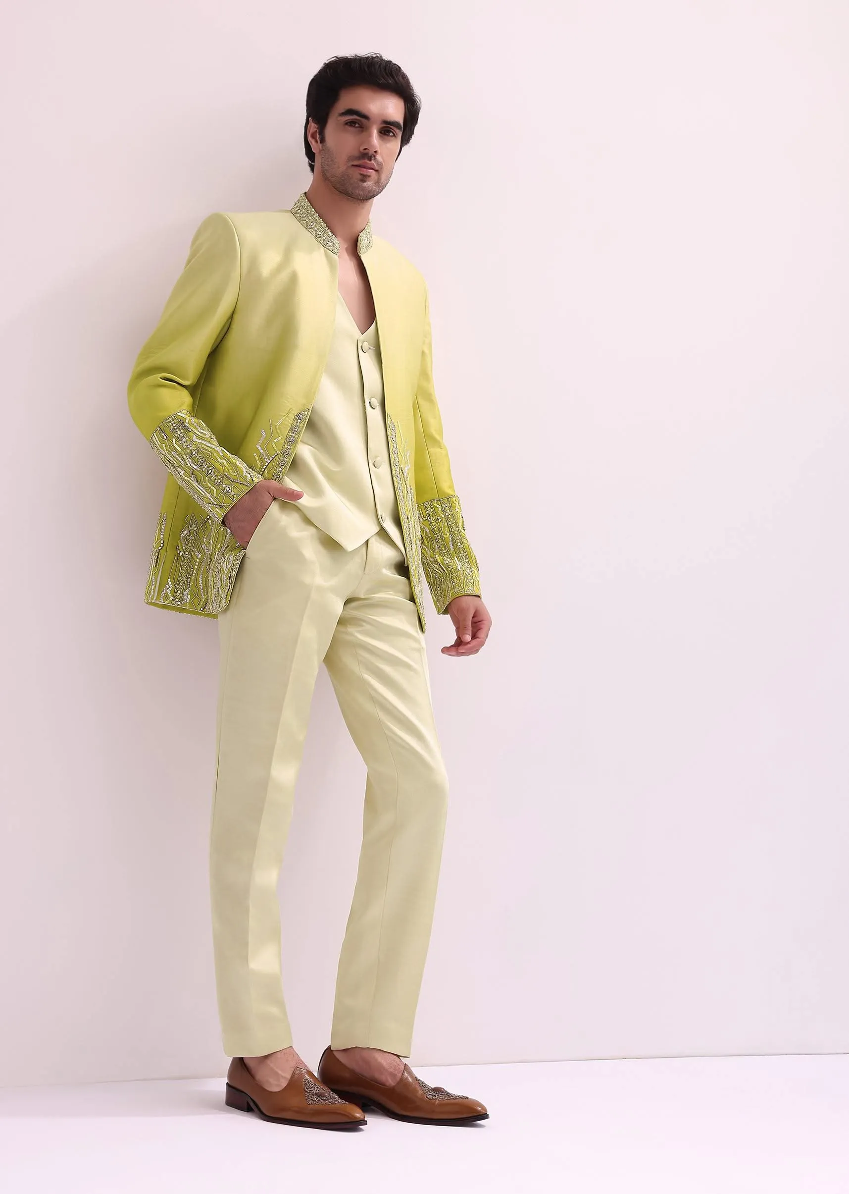 Lime Hand Embellished Open Jacket With Waistcoat And Pants