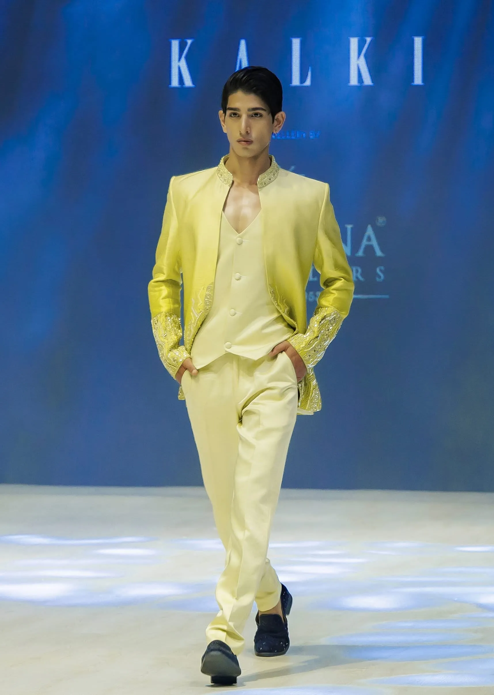 Lime Hand Embellished Open Jacket With Waistcoat And Pants