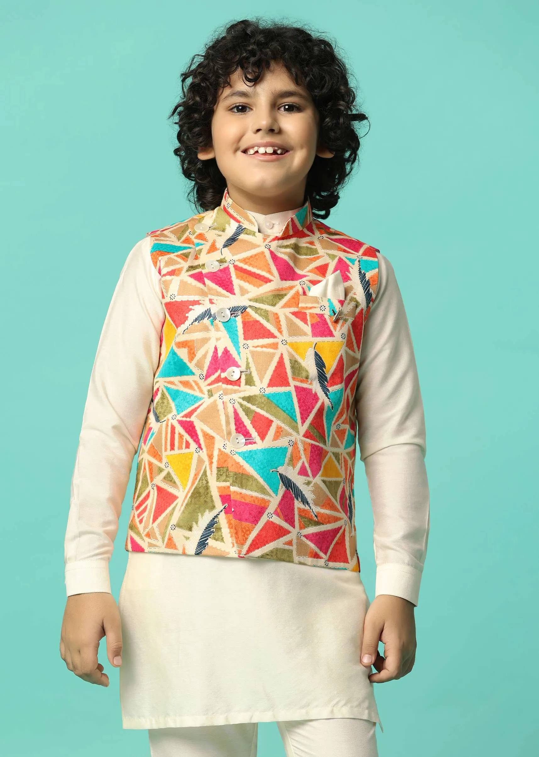 Multi-Colored Festive Jacket Kurta Set For Boys