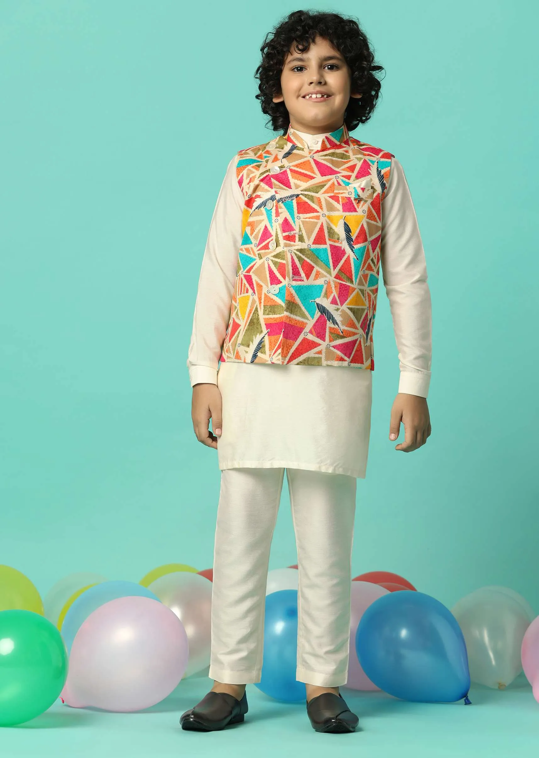 Multi-Colored Festive Jacket Kurta Set For Boys